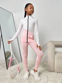 Sparklyn Tween Girl Zip Up Thumbholes Top-stitching Sports Jacket & Leggings - Pink - View 3
