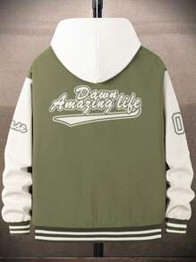 Aesthetic Post--Loose Fit Men's Slogan Graphic Two Tone Drop Shoulder Varsity Jacket Without Hood - Army Green - View 2