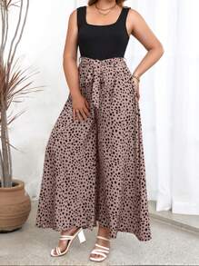 SHEIN Holidaya 大碼斑點印花闊腿腰帶無袖連體褲 - 彩色 - 查看 3