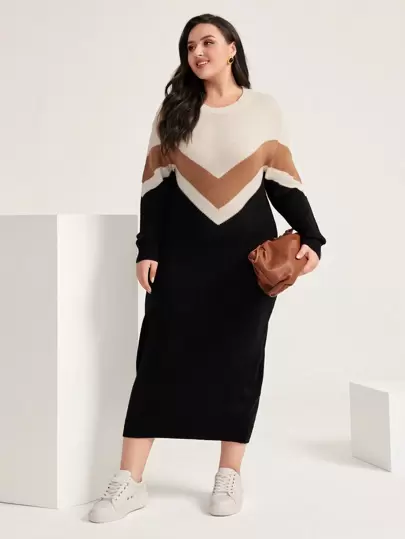 Mulvari Plus Pattern Colorblock Drop Shoulder Sweater Dress, For Winter Fall