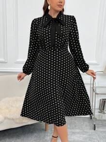 SHEIN Clasi Hơn In vết tròn Polka Cà vạt Tay áo lồng đèn Đầm - màu đen - Xem 1