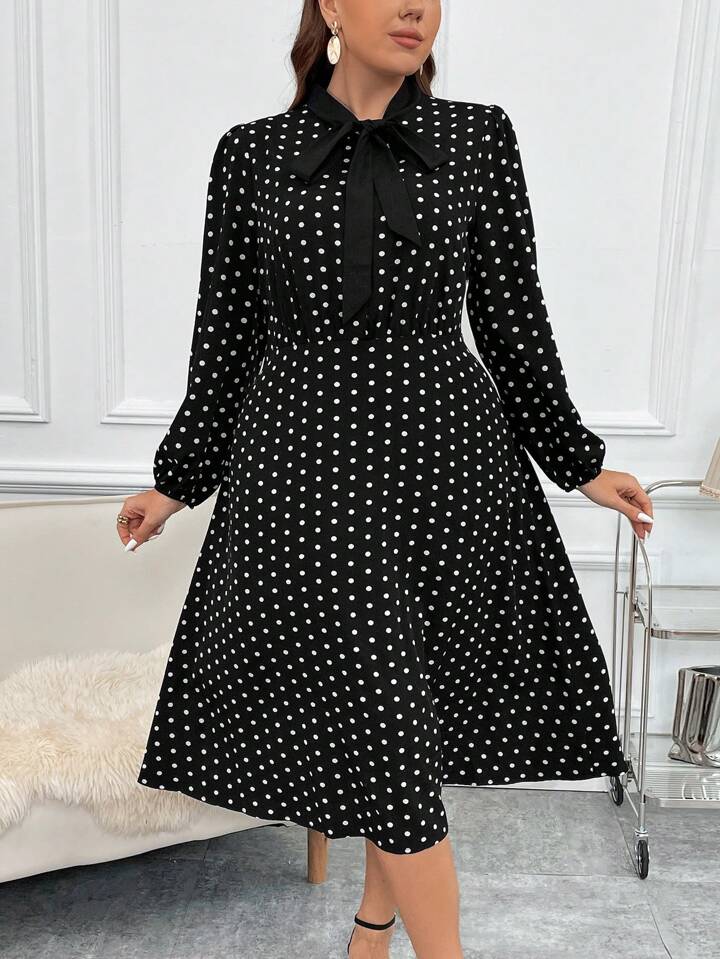 SHEIN Clasi Plus Polka Dot Print Tie Neck Lantern Sleeve Dress
