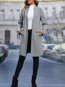 SHEIN LUNE Herringbone Open Front Overcoat Fall Cloth For Women - Grey - View 3