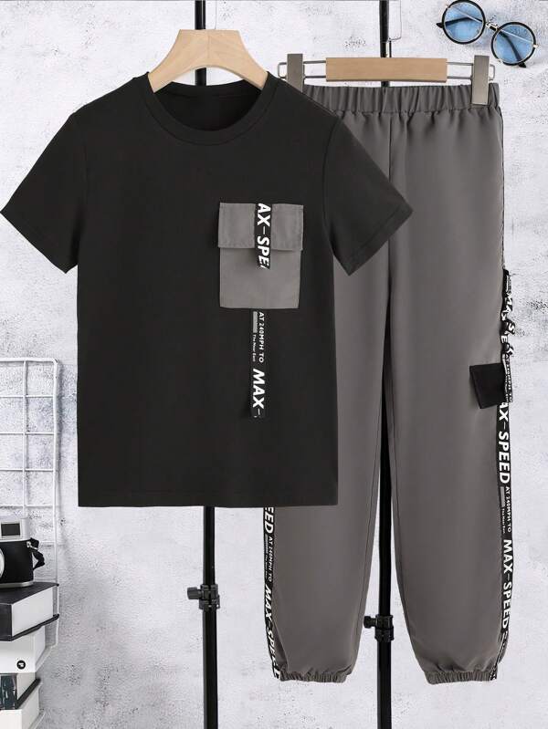 SHEIN Tween Boy Letter Graphic Flap Pocket Tee & Pants
