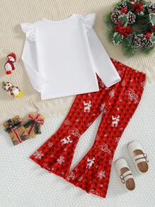 SHEIN 女小童聖誕圖案荷葉邊T恤&喇叭褲 - 彩色 - 查看 2