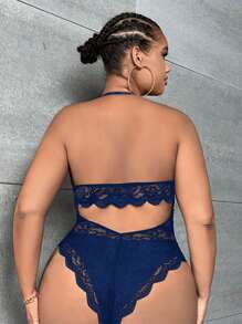 SHEIN SXY Hơn Ren hoa Cắt vỏ sò Không lưng Halter Neck Áo liền quần chặt - Màu xanh lam - Xem 2