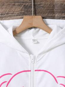 SHEIN Cô gái Tween Đồ họa Gấu Và Khẩu hiệu Áo Zip Up Hoodie & Quần nỉ - trắng - Xem 5