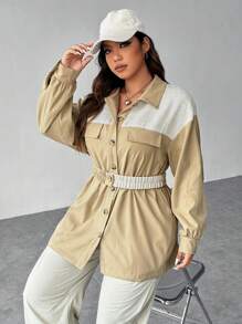 SHEIN EZwear Plus Manteau Bicolore Épaule tombante Ceinturé - Kaki - Voir 5