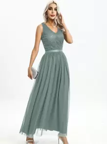 V-neck Mesh Overlay Maxi Formal Dress - Green - View 1