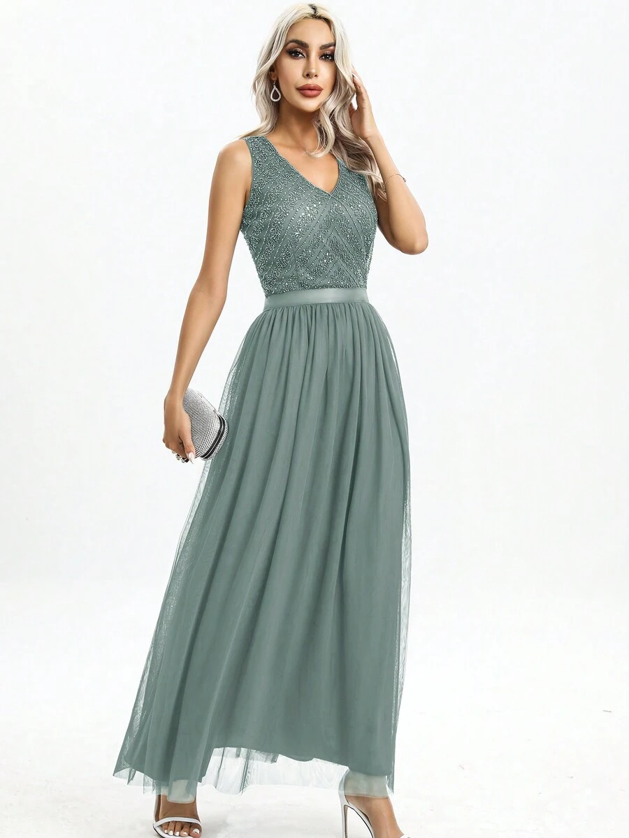 V-neck Mesh Overlay Maxi Formal Dress - Green - View 1