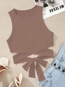 SHEIN Unity 女式简约纯色系带圆领吊带背心，夏季 - 卡其色 - 查看 1