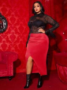 SHEIN SXY Plus Split Thigh Mesh Bodice Bodycon Dress Without Bra - Red - View 4