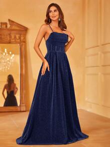 Faeriesty 优雅女士精致细肩带长款派对礼服 | 胸前褶皱细节和背部系带束腰设计，完美适用于春季婚礼、花园派对、户外森林庆典、浪漫晚餐、正式肖像拍摄、湖畔聚会和梦幻晚宴、返校节和毕业典礼礼服、生日女士服装、春季连衣裙和夏季服装 - 藏蓝色 - 查看 5