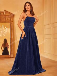 Faeriesty Glitter Backless Cami Formal Dress Elegant Prom Evening Wedding Guest Gown, For Graduation, Dinner Party Dress