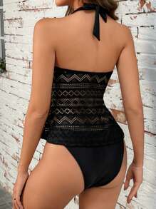 中空露背連帽中褲泳衣 - 黑色 - 查看 2