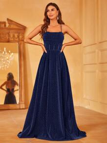 Faeriesty 优雅女士精致细肩带长款派对礼服 | 胸前褶皱细节和背部系带束腰设计，完美适用于春季婚礼、花园派对、户外森林庆典、浪漫晚餐、正式肖像拍摄、湖畔聚会和梦幻晚宴、返校节和毕业典礼礼服、生日女士服装、春季连衣裙和夏季服装 - 藏蓝色 - 查看 4