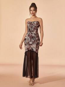 Floral Print Contrast Mesh Mermaid Hem Tube Dress - Coffee Brown - View 6