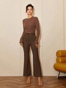 Chất rắn Crossover Áo len Crop - màu nâu - Xem 3