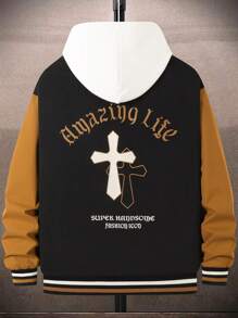 Manfinity LEGND 1pc Loose Fit Men's Color Block Varsity Jacket With Slogan And Cross Print, Drop Shoulder Design - Black - View 2