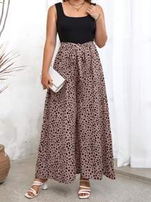 SHEIN Holidaya 大碼斑點印花闊腿腰帶無袖連體褲 - 彩色 - 查看 1