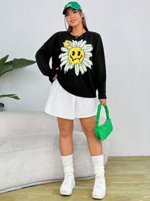 SHEIN EZwear 大碼花卉圖案&卡通臉圖案落肩袖套頭毛衣 - 黑色 - 查看 7