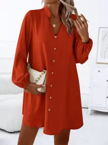 SHEIN LUNE 素色前紐扣燈籠袖洋裝 - 棕色 - 查看 6