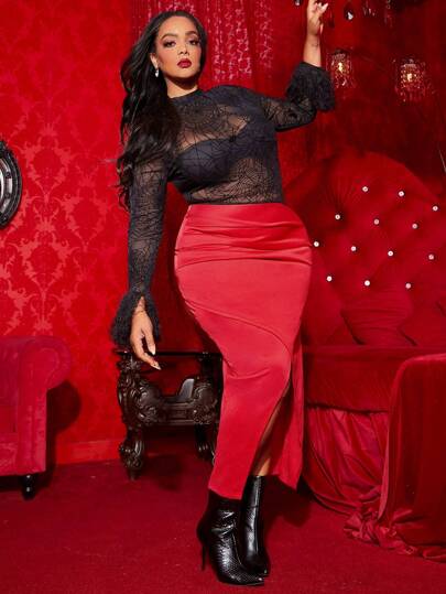 SHEIN SXY Plus Split Thigh Mesh Bodice Bodycon Dress Without Bra