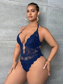 SHEIN SXY Hơn Ren hoa Cắt vỏ sò Không lưng Halter Neck Áo liền quần chặt - Màu xanh lam - Xem 3
