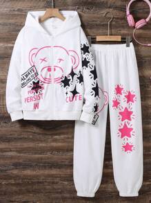 SHEIN Cô gái Tween Đồ họa Gấu Và Khẩu hiệu Áo Zip Up Hoodie & Quần nỉ - trắng - Xem 1