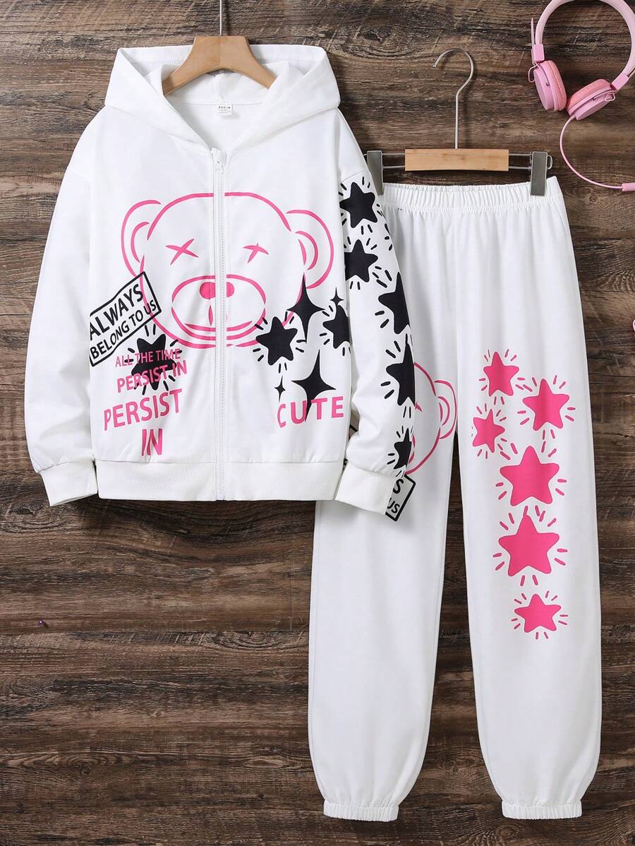 SHEIN Cô gái Tween Đồ họa Gấu Và Khẩu hiệu Áo Zip Up Hoodie & Quần nỉ - trắng - Xem 1