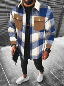 Manfinity Homme Chaqueta Camisa Con Solapa Y Bolsillo Suelto Para Hombre, Con Estampado De Cuadros - Azul - Ver 4