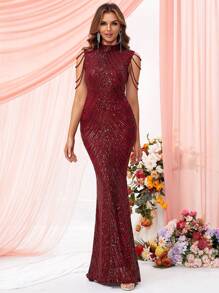 LOVE&LEMONADE Mock Neck Beaded Detail Sequin Prom Dress Party Dress Wedding Guest Dress Formal Dress Evening Dress,Gown - Red - View 6