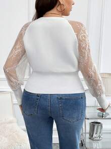 SHEIN Clasi Talla grande Jersey con encaje en contraste de manga raglán - Blanco - Ver 2