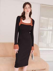 Contrast Trim Flare Sleeve Sweater Dress - Black - View 3