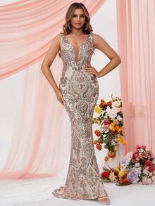 LOVE&LEMONADE Váy dạ hội sequin viền lưới tương phản, trang trọng thanh lịch cho tiệc cưới buổi tối, dự tiệc tốt nghiệp, tiệc tối - Vàng - Xem 5