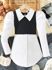 Tween Girl Two Tone Puff Sleeve 2 In 1 Blouse - Black - View 3
