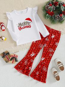 SHEIN 女小童聖誕圖案荷葉邊T恤&喇叭褲 - 彩色 - 查看 1