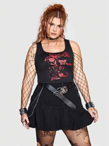 ROMWE Grunge Punk Dark Cool And Street Style Metal Mesh Plus Size Women's Tank Top With Funny Pattern - Black - View 6