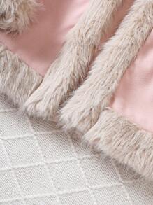 SHEIN Tween Girl Fuzzy Trim Open Front Faux Suede Coat - Baby Pink - View 7