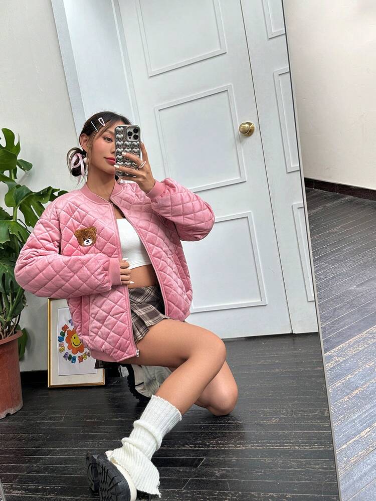 Bear Patched Detail Drop Shoulder Quilted Coat