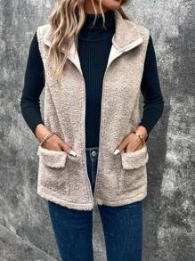 SHEIN LUNE Abrigo chaleco con bolsillo con solapa con cremallera teddy - Azul - Ver 3