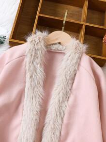 SHEIN Tween Girl Fuzzy Trim Open Front Faux Suede Coat - Baby Pink - View 6