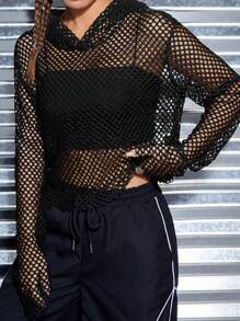 SHEIN EZwear Hollow Off-Shoulder Fishnet Hooded Cropped Top (Camisole Not Included)