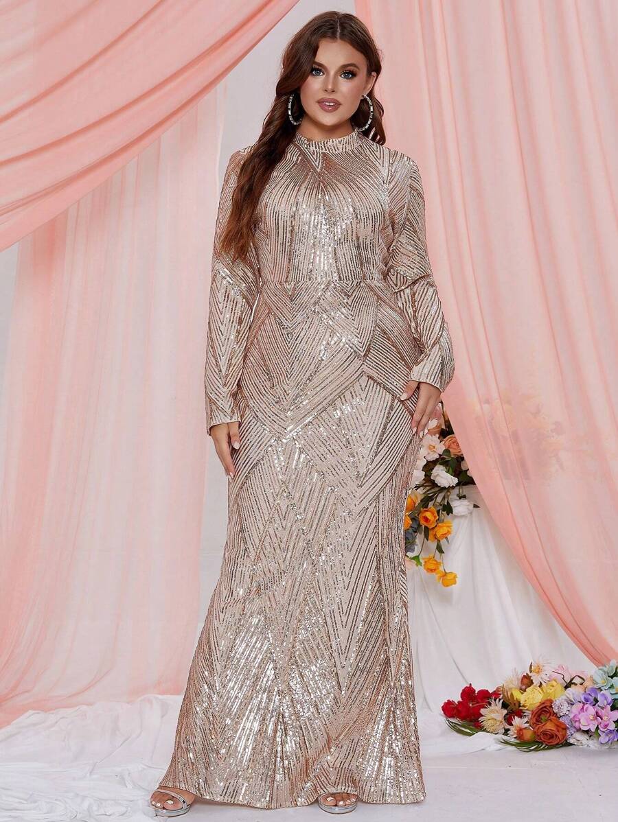 加大号立领亮片礼服优雅长袖舞会晚会婚礼宾客礼服,适合毕业典礼、晚宴 - 金色 - 查看 1