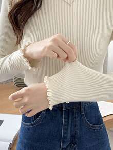 純色生菜邊小高領羅紋毛衣 - 杏色 - 查看 4