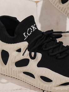 女士輕便前繫帶字母圖案運動運動戶外織物襪型運動鞋 - 黑與白 - 查看 6