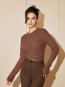 Chất rắn Crossover Áo len Crop - màu nâu - Xem 4