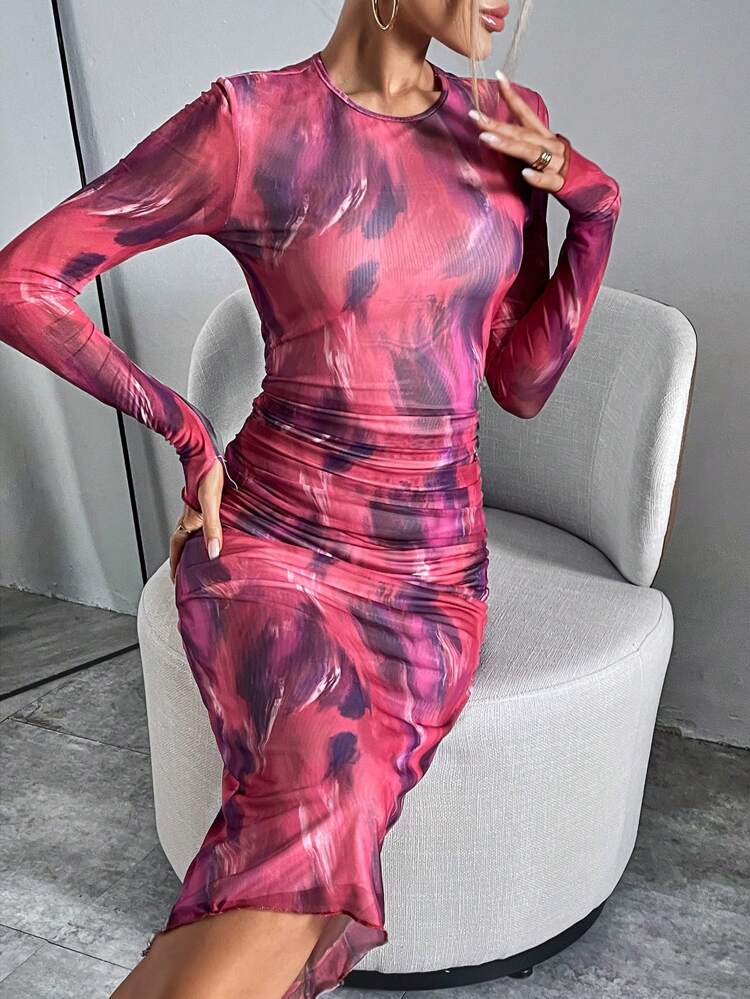 Allover Print Ruched Side Bodycon Dress