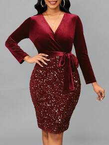 SHEIN Lady 交疊領腰帶亮片緊身洋裝 - 紅色 - 查看 3