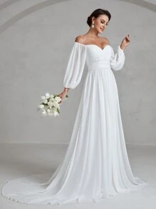 Faeriesty Wedding Dress Bridal: Romantic Off-Shoulder Sweetheart Neckline With Flowing Lantern Long Sleeves, Elegant High-Slit A-Line Gown For Bridal Weddings, Formal Galas, Church Ceremonies, Black-Tie Events & Bridal Showers | Lightweight Fabric & Timeless Silhouette,Bride - White - View 3